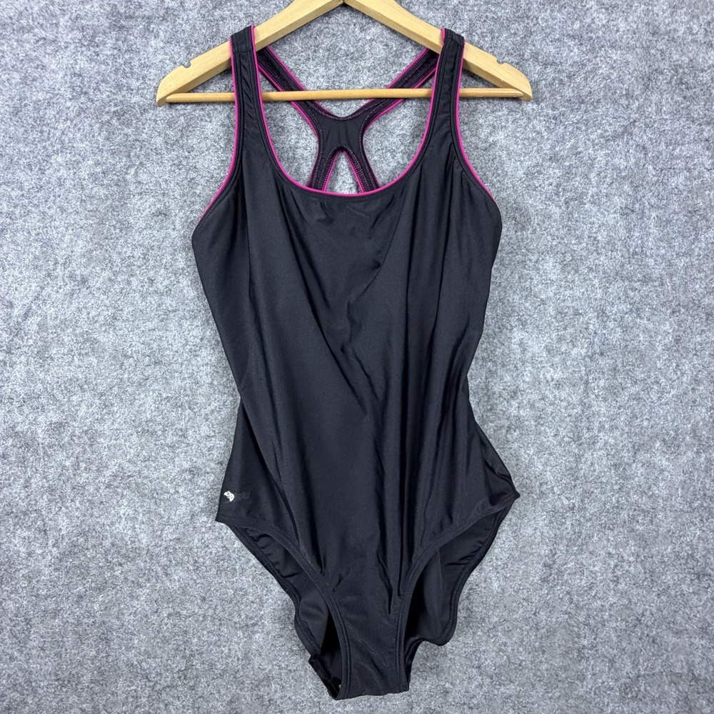 Vintage Speedo One Piece Swimsuit Womens 16 Black Stretch Scoop Neck Racerback